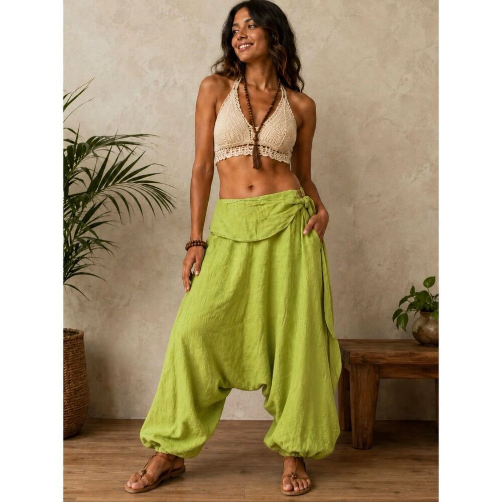 Ingrid Munt harem Aladdin pants lime green linen size Medium